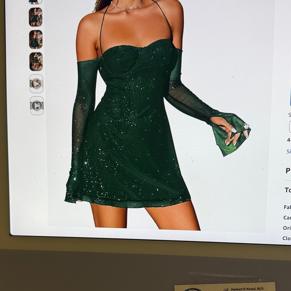 Off-Shoulder Sparkle Mini Dress in Deep Green